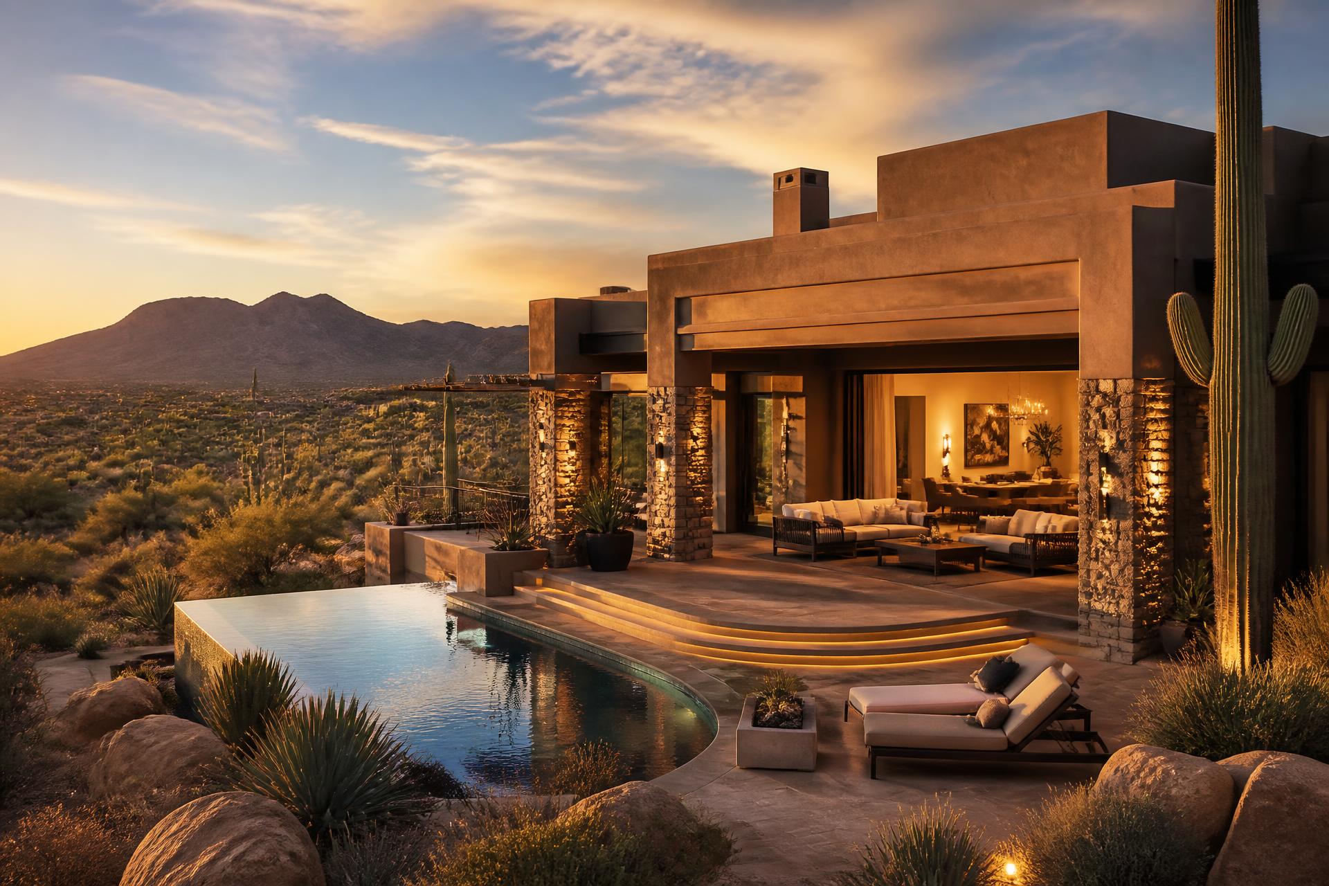 Modern Arizona desert home at golden hour